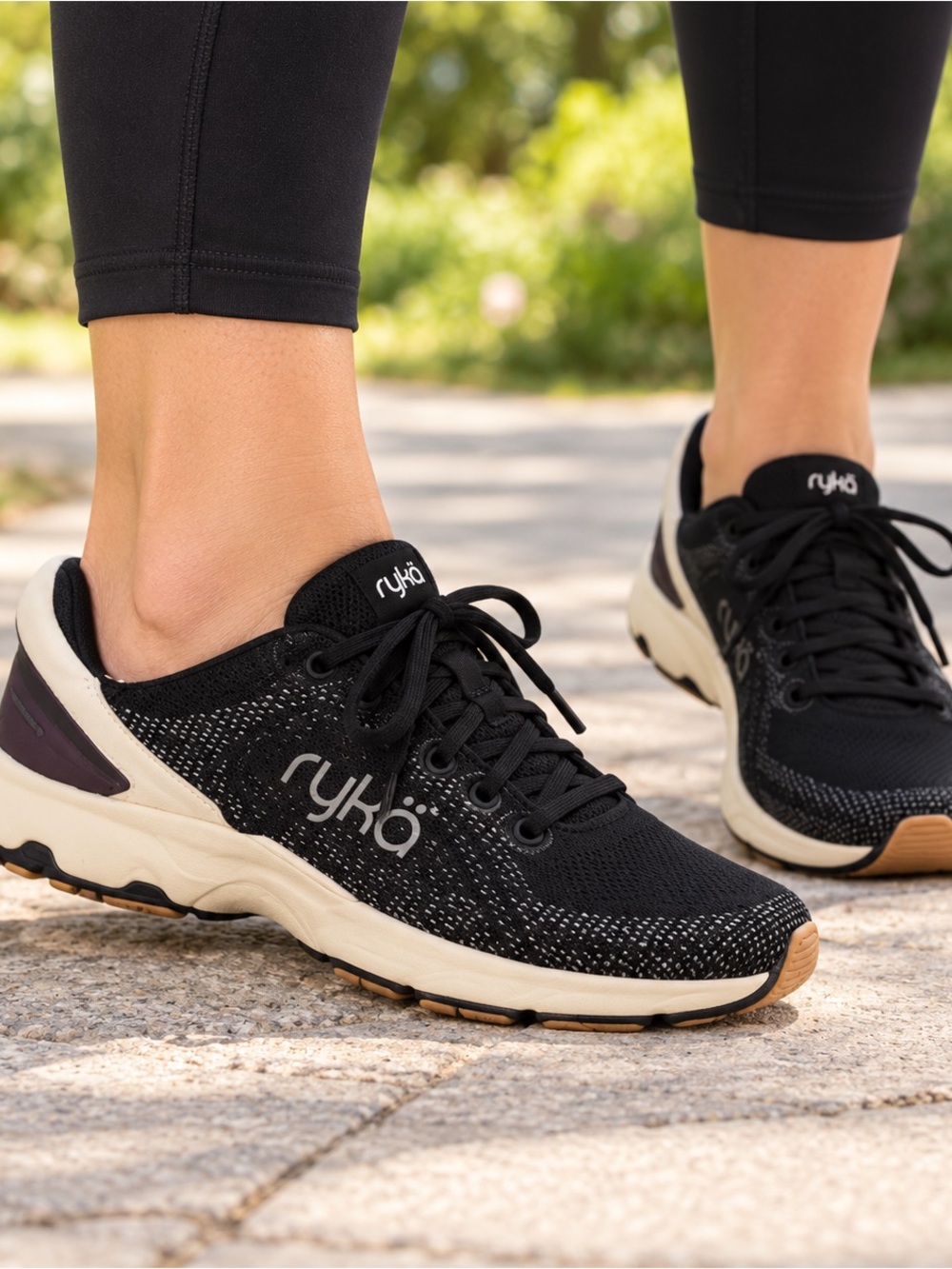Ryka Black Knit Lace-Up Walking Sneakers with Cream Midsole and Tan Outsole